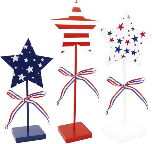 3 Pcs 4th of July Table Decorations, Wooden Patriotic Centerpieces Decor Double Sided Red White and Blue Star Sign for USA 250th Rustic Memorial Independence Day Home Tiered Tray in Saudi Arabia