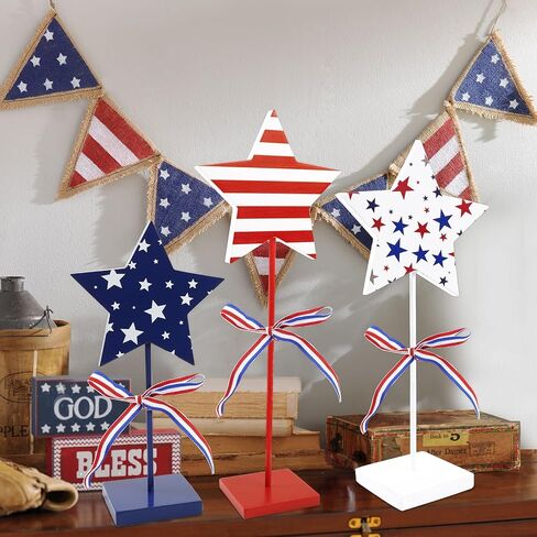 3 Pcs 4th of July Table Decorations, Wooden Patriotic Centerpieces Decor Double Sided Red White and Blue Star Sign for USA 250th Rustic Memorial Independence Day Home Tiered Tray in Saudi Arabia