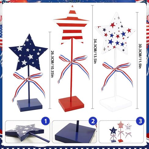 3 Pcs 4th of July Table Decorations, Wooden Patriotic Centerpieces Decor Double Sided Red White and Blue Star Sign for USA 250th Rustic Memorial Independence Day Home Tiered Tray in Saudi Arabia