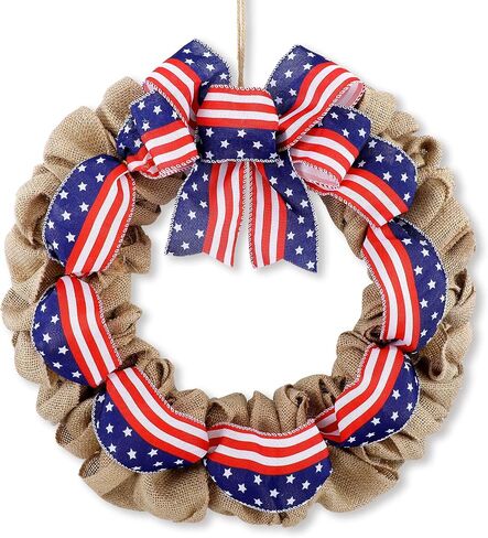 Janinka 16 Inch 4th of July Wreath for Front Door Rustic Bow Patriotic Burlap America Flag Wreath 250th Anniversary Decor Red White Blue Wreaths for Memorial Independence Day Door Wall Home Decor in Kuwait