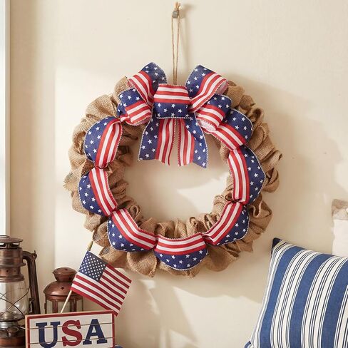 Janinka 16 Inch 4th of July Wreath for Front Door Rustic Bow Patriotic Burlap America Flag Wreath 250th Anniversary Decor Red White Blue Wreaths for Memorial Independence Day Door Wall Home Decor in Kuwait