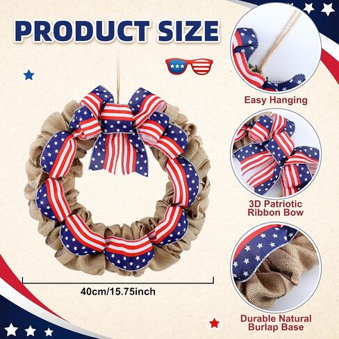 Janinka 16 Inch 4th of July Wreath for Front Door Rustic Bow Patriotic Burlap America Flag Wreath 250th Anniversary Decor Red White Blue Wreaths for Memorial Independence Day Door Wall Home Decor in Kuwait