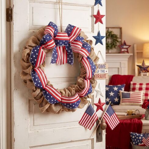 Janinka 16 Inch 4th of July Wreath for Front Door Rustic Bow Patriotic Burlap America Flag Wreath 250th Anniversary Decor Red White Blue Wreaths for Memorial Independence Day Door Wall Home Decor in Kuwait