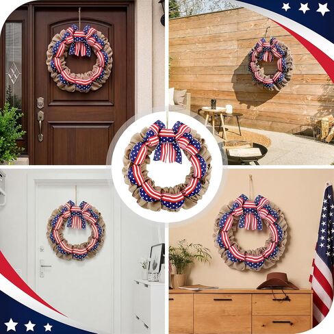 Janinka 16 Inch 4th of July Wreath for Front Door Rustic Bow Patriotic Burlap America Flag Wreath 250th Anniversary Decor Red White Blue Wreaths for Memorial Independence Day Door Wall Home Decor in Kuwait