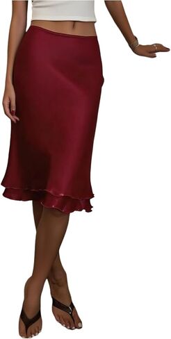GORGLITTER Women's Satin Skirt Slik Tiered Low Rise Wedding Cocktail Party Flowy A Line Summer Midi Skirt in Kuwait