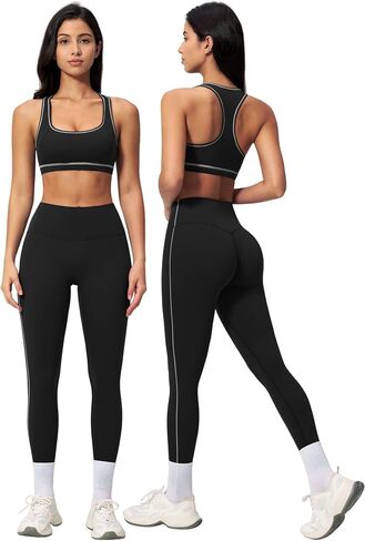 QBGJTD Womens Workout Set Two Piece Racerback Color Block Sports Bras Matching High Waist Leggings Gym Pilates Outfits in Saudi Arabia