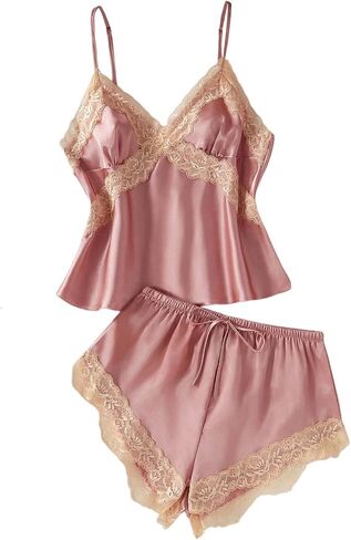 OYOANGLE Women's Satin Pajama Set 2 Piece Lace Trim Cami Top and Shorts Cute Bridal Pjs Lingerie Sleepwear in Kuwait