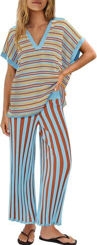ReachMe Womens Summer Lounge Sets 2 Piece Travel Outfits Striped Pajamas Short Sleeve Shirts and Wide Leg Pants Sweater Sets (Camel Combo,L) in Saudi Arabia