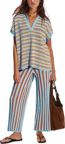 ReachMe Womens Summer Lounge Sets 2 Piece Travel Outfits Striped Pajamas Short Sleeve Shirts and Wide Leg Pants Sweater Sets (Camel Combo,L) in Saudi Arabia