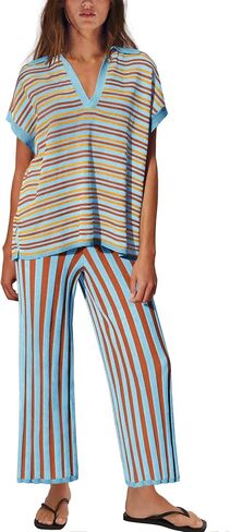 ReachMe Womens Summer Lounge Sets 2 Piece Travel Outfits Striped Pajamas Short Sleeve Shirts and Wide Leg Pants Sweater Sets (Camel Combo,L) in Saudi Arabia
