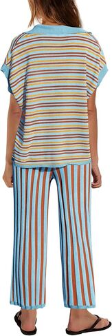 ReachMe Womens Summer Lounge Sets 2 Piece Travel Outfits Striped Pajamas Short Sleeve Shirts and Wide Leg Pants Sweater Sets (Camel Combo,L) in Saudi Arabia