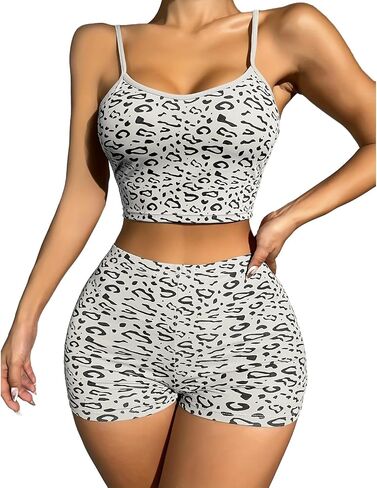 Women Pajamas Set, Sexy Leopard Print Tank Top & Shorts, Cute 2-Piece Sleepwear for Women, Comfortable Lounge Pajamas Sets in Kuwait