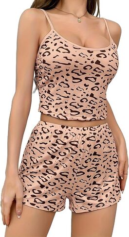 Women Pajamas Set, Sexy Leopard Print Tank Top & Shorts, Cute 2-Piece Sleepwear for Women, Comfortable Lounge Pajamas Sets in Kuwait
