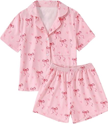 Bow Pajamas for Women Matching Pjs Short Sleeve Summer Pjs Set Button Down Lounge Sleepwear in Saudi Arabia