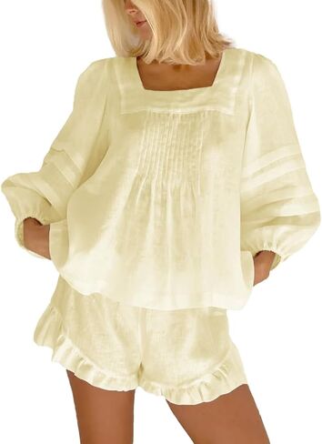 Women's Fashion 2 Piece Sets Square Neck Puff Long Sleeve Tops and Ruffle Shorts Summer Vacation Outfits in Saudi Arabia