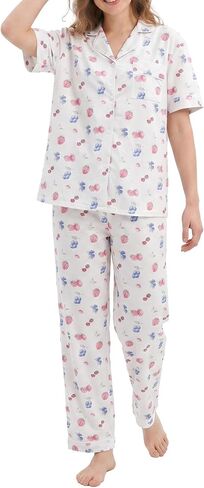 Women 2 Piece Pajamas Set Button Up Short Sleeve Long Pants Pjs Soft Stretch Cute Fruit Print Loose Loungewear in Saudi Arabia