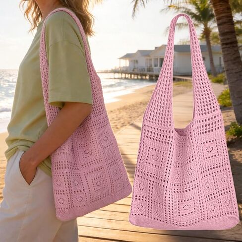 Handmade Crochet Woven Tote Bag, Vintage Boho Shoulder Bag, Summer Beach Bag for Casual Everyday Carry Shopping Travel in Kuwait