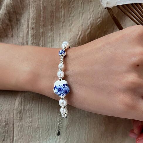 Cute Flower Bracelet for Women Dainty Pearl Bead Ball Bracelets Adjustable Sweet Chain Link Bracelet Vintage Blue and White Porcelain Bracelets Fashion Trendy Birthday Christmas Jewelry Gift in Kuwait