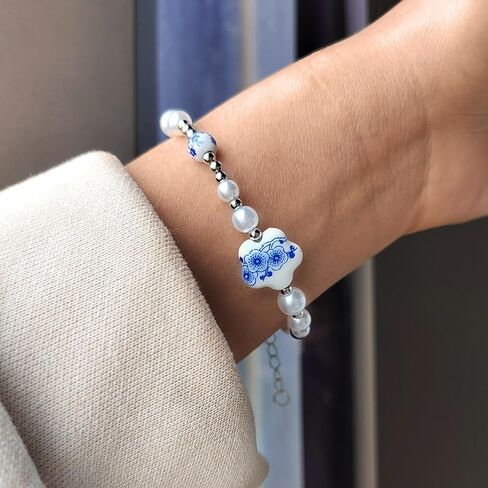 Cute Flower Bracelet for Women Dainty Pearl Bead Ball Bracelets Adjustable Sweet Chain Link Bracelet Vintage Blue and White Porcelain Bracelets Fashion Trendy Birthday Christmas Jewelry Gift in Kuwait