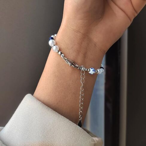 Cute Flower Bracelet for Women Dainty Pearl Bead Ball Bracelets Adjustable Sweet Chain Link Bracelet Vintage Blue and White Porcelain Bracelets Fashion Trendy Birthday Christmas Jewelry Gift in Kuwait
