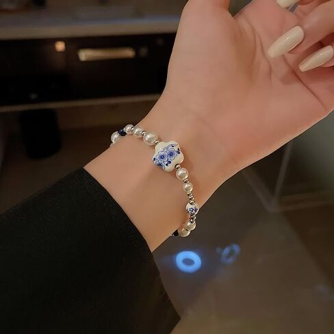 Cute Flower Bracelet for Women Dainty Pearl Bead Ball Bracelets Adjustable Sweet Chain Link Bracelet Vintage Blue and White Porcelain Bracelets Fashion Trendy Birthday Christmas Jewelry Gift in Kuwait