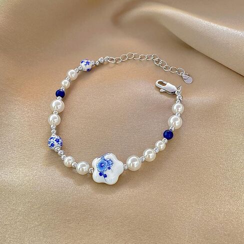 Cute Flower Bracelet for Women Dainty Pearl Bead Ball Bracelets Adjustable Sweet Chain Link Bracelet Vintage Blue and White Porcelain Bracelets Fashion Trendy Birthday Christmas Jewelry Gift in Kuwait
