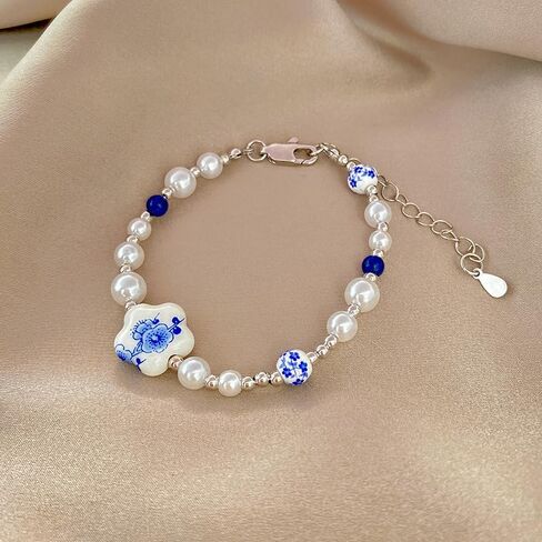 Cute Flower Bracelet for Women Dainty Pearl Bead Ball Bracelets Adjustable Sweet Chain Link Bracelet Vintage Blue and White Porcelain Bracelets Fashion Trendy Birthday Christmas Jewelry Gift in Kuwait