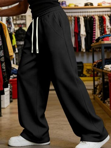 Men’s Baggy Sweatpants with Elastic Drawstring Waist, Breathable Wide-Leg Casual Loose Joggers Deep Pockets in Kuwait