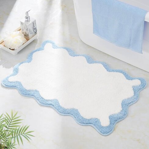 Luxury Cute Bathroom Rugs, White Bath Mat W/Blue Scalloped Edge, Microfiber Aesthetic Trendy Funky Fun Preppy Rug, Extra Soft Bathroom Mat Non-Slip for Tub, Shower, and Bath Room 30'' x 20'' in Saudi Arabia