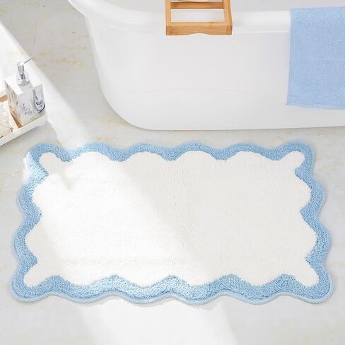 Luxury Cute Bathroom Rugs, White Bath Mat W/Blue Scalloped Edge, Microfiber Aesthetic Trendy Funky Fun Preppy Rug, Extra Soft Bathroom Mat Non-Slip for Tub, Shower, and Bath Room 30'' x 20'' in Saudi Arabia