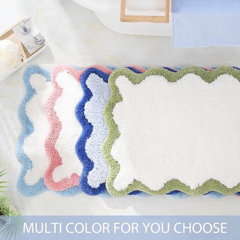 Luxury Cute Bathroom Rugs, White Bath Mat W/Blue Scalloped Edge, Microfiber Aesthetic Trendy Funky Fun Preppy Rug, Extra Soft Bathroom Mat Non-Slip for Tub, Shower, and Bath Room 30'' x 20'' in Saudi Arabia