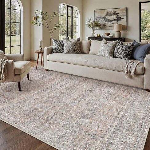 HUGEAR Brown 8x10 Washable Area Rugs for Living Room Bedroom Large Neutral Vintage Rug Soft Durable Carpet Distressed Non Slip & Shedding Stain Resistant Low Pile for Home Decor in Saudi Arabia