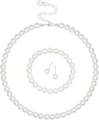 SUMERSHA 3pcs Pearl Jewelry Set for Women, White 8mm Imitation Pearls Necklace Bracelet Stud Earrings, Wedding Bridal Bridesmaid Birthday Costume Party Prom Jewelry in Kuwait