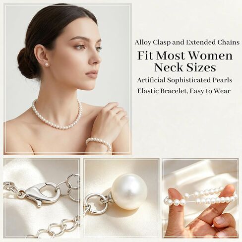 SUMERSHA 3pcs Pearl Jewelry Set for Women, White 8mm Imitation Pearls Necklace Bracelet Stud Earrings, Wedding Bridal Bridesmaid Birthday Costume Party Prom Jewelry in Kuwait