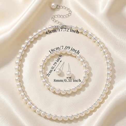 SUMERSHA 3pcs Pearl Jewelry Set for Women, White 8mm Imitation Pearls Necklace Bracelet Stud Earrings, Wedding Bridal Bridesmaid Birthday Costume Party Prom Jewelry in Kuwait