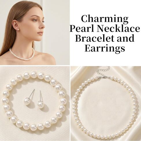 SUMERSHA 3pcs Pearl Jewelry Set for Women, White 8mm Imitation Pearls Necklace Bracelet Stud Earrings, Wedding Bridal Bridesmaid Birthday Costume Party Prom Jewelry in Kuwait