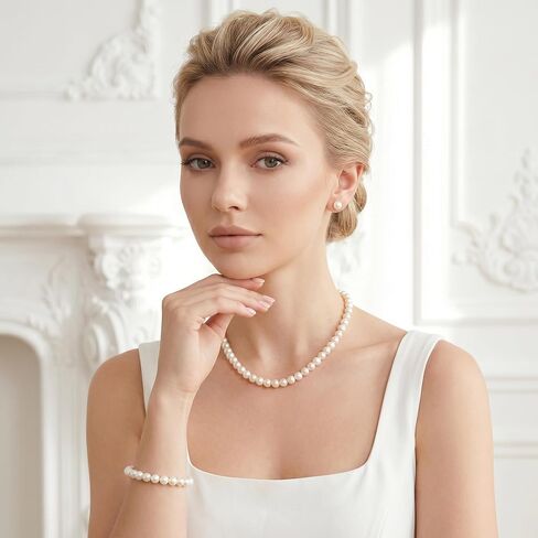 SUMERSHA 3pcs Pearl Jewelry Set for Women, White 8mm Imitation Pearls Necklace Bracelet Stud Earrings, Wedding Bridal Bridesmaid Birthday Costume Party Prom Jewelry in Kuwait
