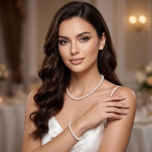 SUMERSHA 3pcs Pearl Jewelry Set for Women, White 8mm Imitation Pearls Necklace Bracelet Stud Earrings, Wedding Bridal Bridesmaid Birthday Costume Party Prom Jewelry in Kuwait