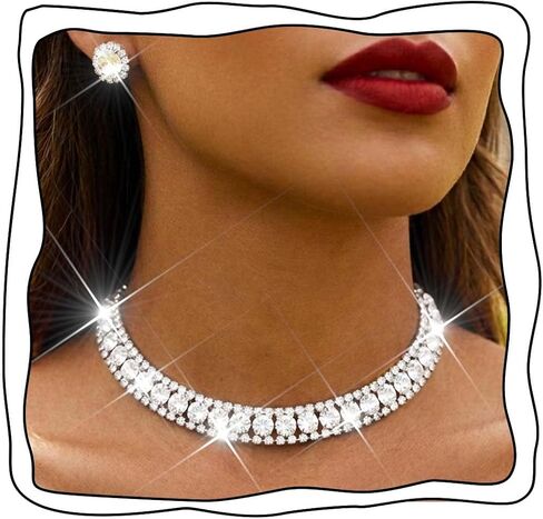 Yean Rhinestone Choker Necklace and Earring Bridal Prom Silver Jewelry Set for Women in Saudi Arabia