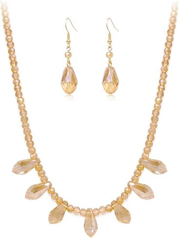 Cryshimmer Glass Bead Necklace Earrings for Women 16K Gold Plated Dainty Crystal Beads Collar Necklace Dangle Earrings Costume Jewelry Set for Wedding Prom Party,Gift for Her,Mom,Wife(Champagne) in Saudi Arabia