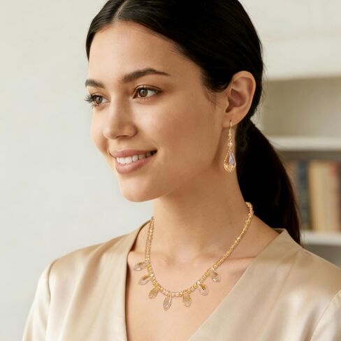 Cryshimmer Glass Bead Necklace Earrings for Women 16K Gold Plated Dainty Crystal Beads Collar Necklace Dangle Earrings Costume Jewelry Set for Wedding Prom Party,Gift for Her,Mom,Wife(Champagne) in Saudi Arabia
