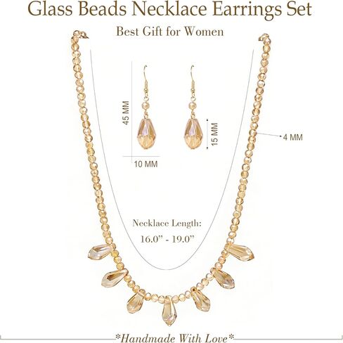 Cryshimmer Glass Bead Necklace Earrings for Women 16K Gold Plated Dainty Crystal Beads Collar Necklace Dangle Earrings Costume Jewelry Set for Wedding Prom Party,Gift for Her,Mom,Wife(Champagne) in Saudi Arabia