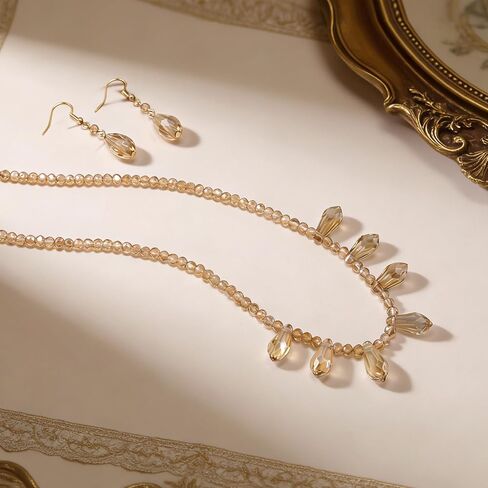 Cryshimmer Glass Bead Necklace Earrings for Women 16K Gold Plated Dainty Crystal Beads Collar Necklace Dangle Earrings Costume Jewelry Set for Wedding Prom Party,Gift for Her,Mom,Wife(Champagne) in Saudi Arabia
