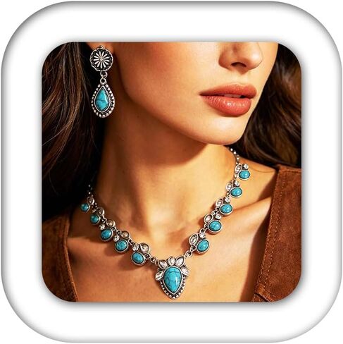 Boho Teardrop Turquoise Jewelry Set Western Necklace Dangle Earrings Set Vintage Natural Stone Jewelry Gift For Women in Saudi Arabia