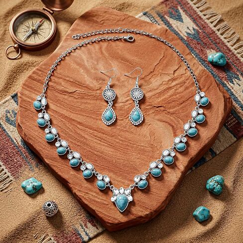 Boho Teardrop Turquoise Jewelry Set Western Necklace Dangle Earrings Set Vintage Natural Stone Jewelry Gift For Women in Saudi Arabia