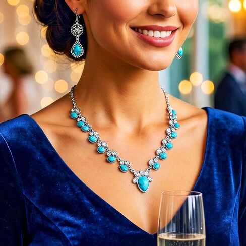 Boho Teardrop Turquoise Jewelry Set Western Necklace Dangle Earrings Set Vintage Natural Stone Jewelry Gift For Women in Saudi Arabia
