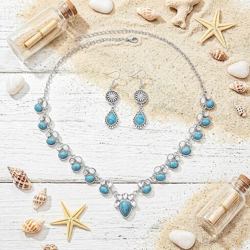 Boho Teardrop Turquoise Jewelry Set Western Necklace Dangle Earrings Set Vintage Natural Stone Jewelry Gift For Women in Saudi Arabia