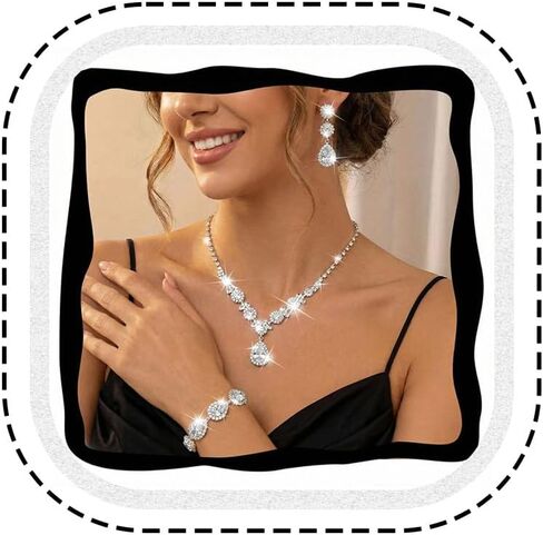 Unicra Silver Rhinestone Necklace Earrings Bracelet Set Diamond Wedding Jewelry Sets Prom Formal Costume Jewelry for Women and Brides in Kuwait