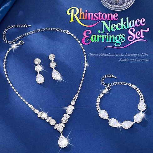Unicra Silver Rhinestone Necklace Earrings Bracelet Set Diamond Wedding Jewelry Sets Prom Formal Costume Jewelry for Women and Brides in Kuwait