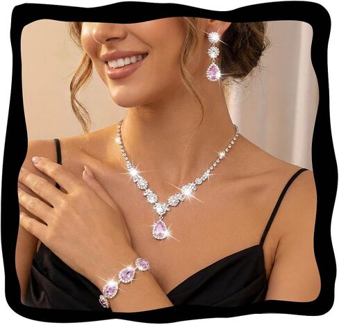 Unicra Silver Rhinestone Necklace Earrings Bracelet Set Diamond Wedding Jewelry Sets Prom Formal Costume Jewelry for Women and Brides in Kuwait